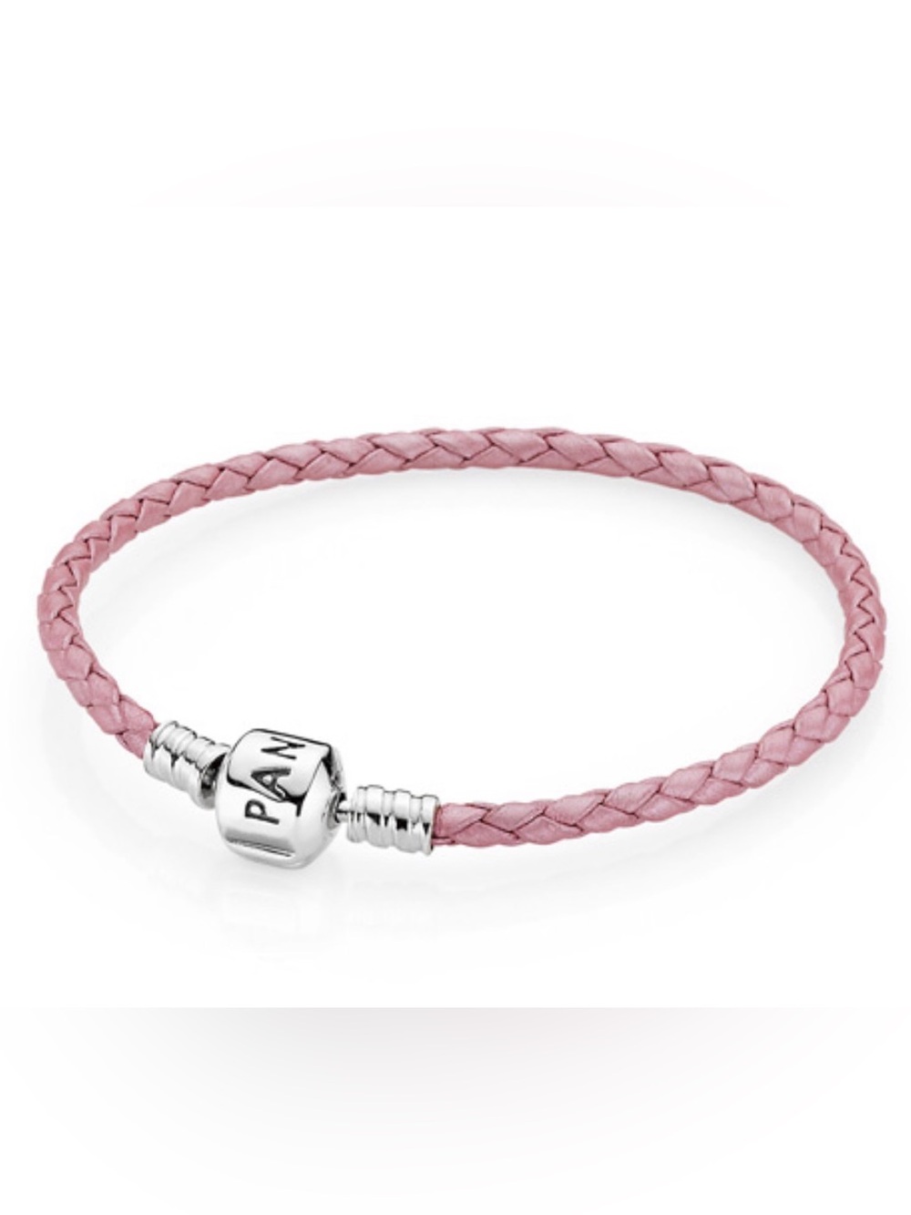 Pandora Light Pink Braided Leather Charm Bracelet with Silver Clasp